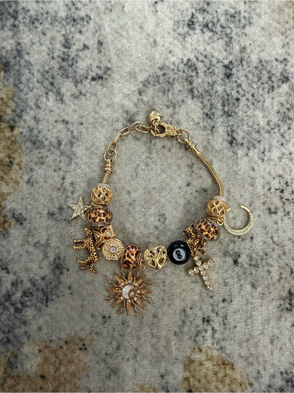 Gold-Tone Leopard Bead Charm Bracelet with Sun & Cross Pendants